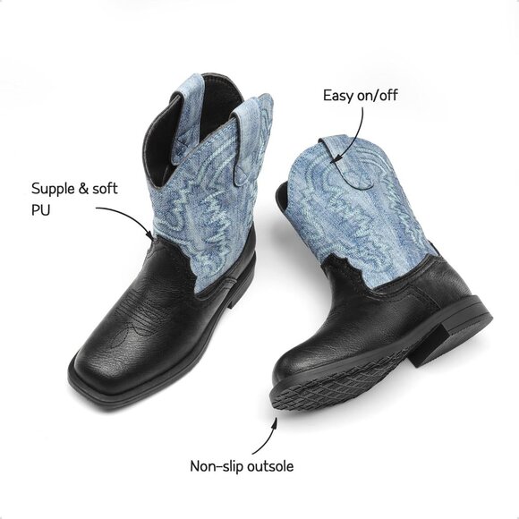 Toddler Kids Cowboy Boots Western Mid Calf Square Toe Black Boots for Boys Girl - Picture 4 of 6